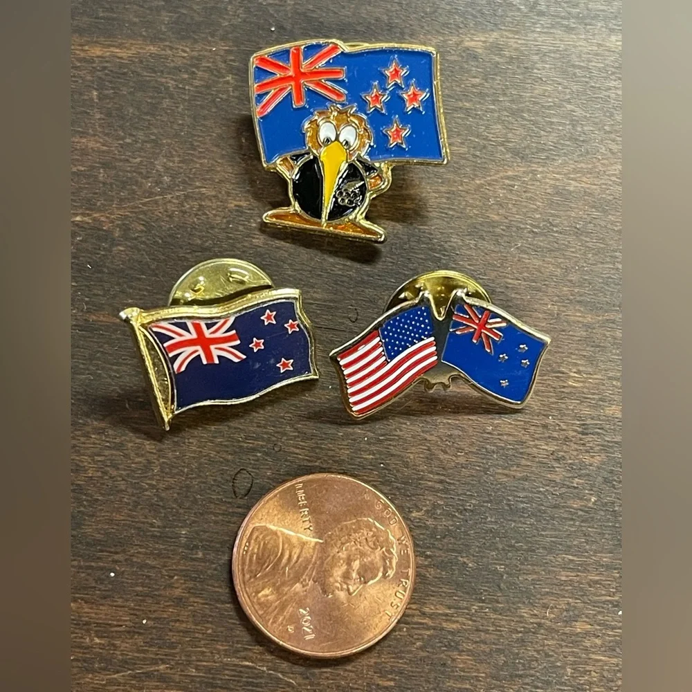 Lot of 3 New Zealand Kiwi Flag Lapel Brooch Pins